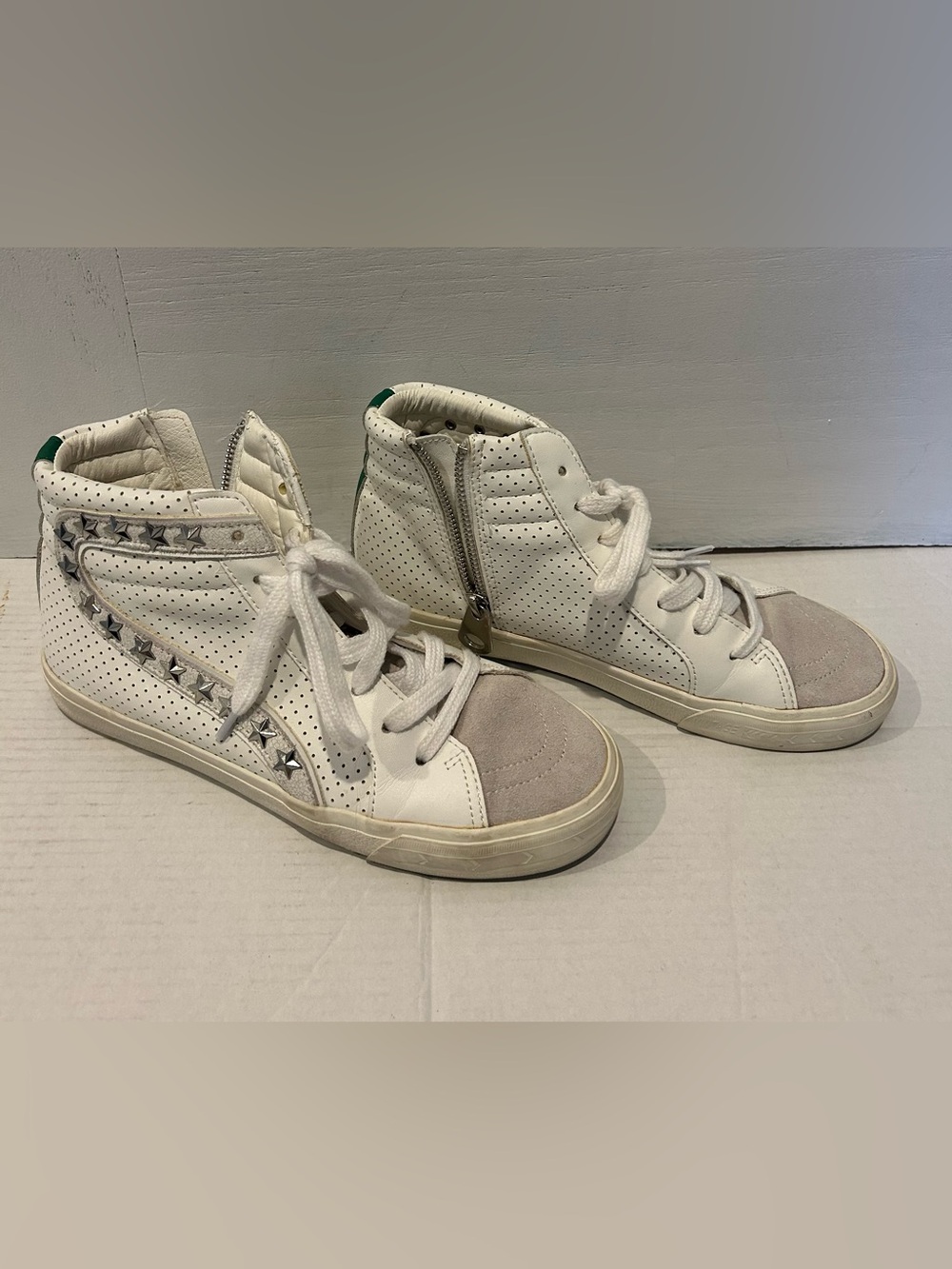 Vintage Havana White and Gray High-Top Sneakers with Star Studs with green